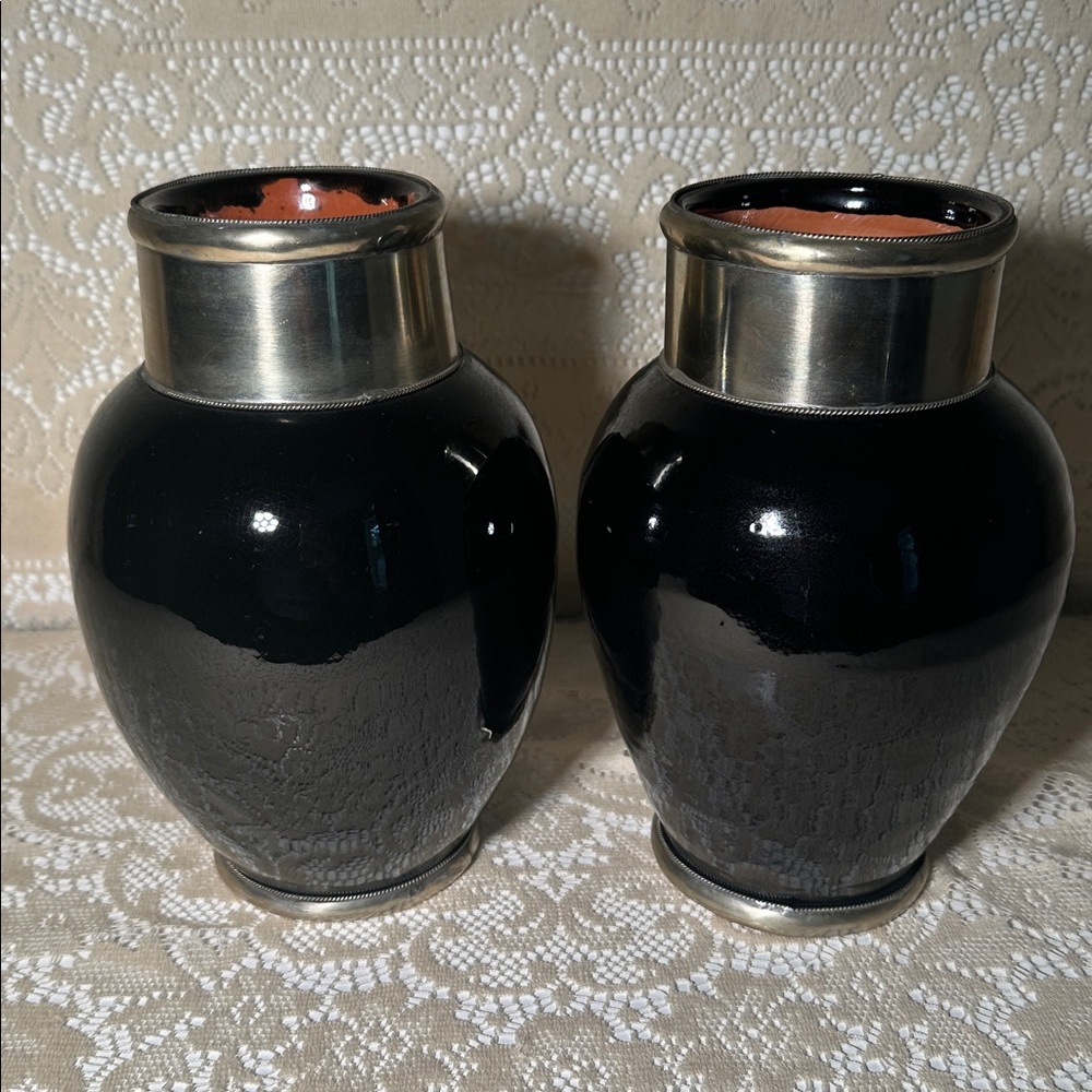 Rare Moroccan French handmade terra cotta pair vases silvered black ceramic